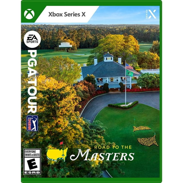 EA SPORTS PGA TOUR Xbox Series X Couverture de Jeu Montrant une Vue Aérienne du Tournoi des Masters clubhouse de golf Entouré d'Arbres d'Automne, d'Une Allée Courbée et d'Un Vert Soigné avec des logos Floraux sous un Ciel Bleu Clair.