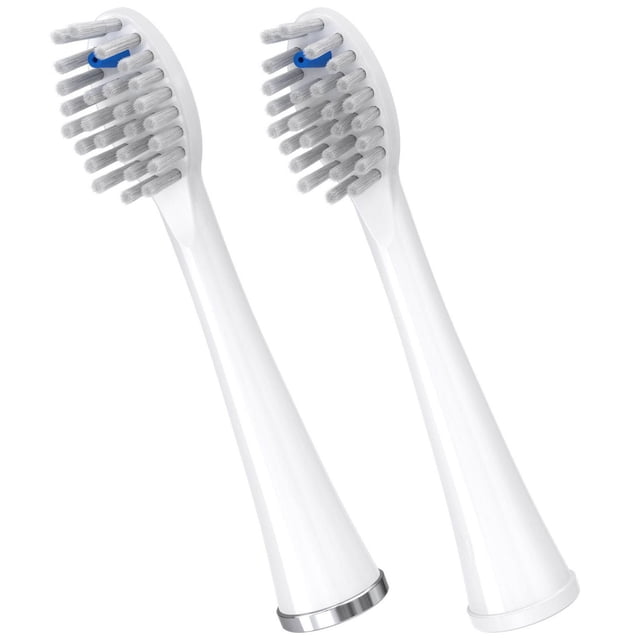 Waterpik® Sonic-Fusion® full-size replacement flossing brush heads shown front-facing with two white brush heads featuring soft, high-low bristles and a blue indicator bristle, one with a chrome ring and one with a white ring base, designed to brush and floss teeth simultaneously and recommended for replacement every three months.