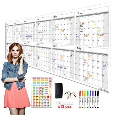 Clever Clean Grand Calendrier Mural Effaçable à Sec - 36 Pouces"X96 Pouces" Calendrier Annuel Non Daté de 12 Mois 2025 pour Projets à la Maison, au Bureau et à l'École - Grand Organisateur de Tâches Laminé Réutilisable