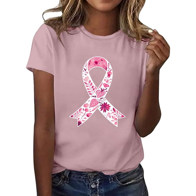 T-Shirt Décontracté pour Femme à Col Rond et Manches Courtes avec Imprimé Ruban de Sensibilisation au Cancer pour un Confort et un Soutien au Quotidien