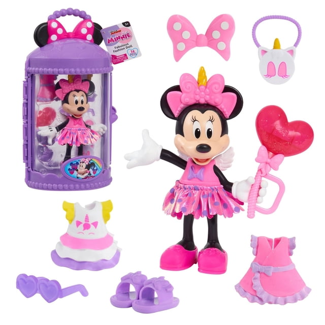 Disney Junior Minnie Mouse Poupée de Mode Fabuleuse avec Étui – Fantaisie Licorne Présentant une Poupée Minnie Mouse Articulée de 6 Pouces Vêtue de Tenues à Thème Licorne Rose et Violet avec un Serre-Tête Nœud et Corne, Tenant une Baguette en Forme de Cœur, plus 3 Robes Faciles à Enfiler, 2 Paires de Chaussures Violettes, des Lunettes de Soleil en Forme de Cœur, un Sac Licorne, des Bandeaux, et une Mallette de Transport Violette Transparente avec Poignée pour le Voyage.