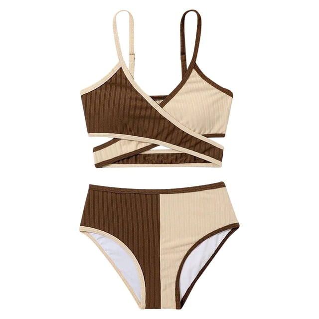 MIASHUI Girls 2 Piece Swimsuits Solid Color Bathing Suit Adjustable Strap Beach Bikini Set,Beige,6-7 Years