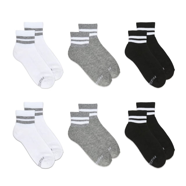 Fruit of the Loom All Day Comfort Ankle Socks (6-pack) including six pairs of women's ankle socks in white, grey, and black, each with double stripes on the ribbed cuff and branded text on the toe, crafted from moisture-wicking polyester yarn with cushioned soles for comfort and durability, ideal for everyday casual wear and light exercise.