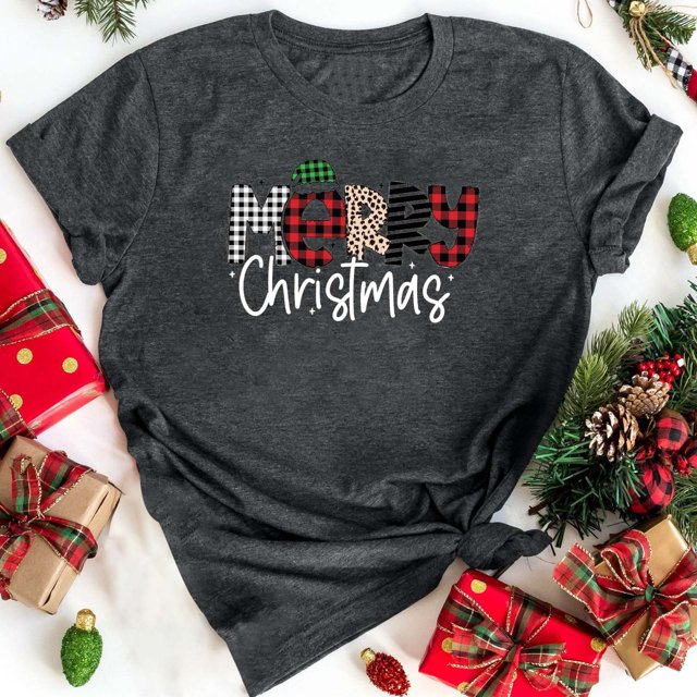 Jsaierl T-Shirts Joyeux Noël pour Femmes T-Shirts Graphiques Amusants Manches Courtes Col Rond Hauts Cadeaux des Fêtes