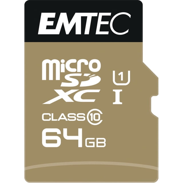 Emtec CL10 U1 64 GB Gold microSDXC digital memory card with Class 10 and UHS-I speed ratings, designed for storage expansion in mobile devices, featuring a gold and black design with white printed technical details.
