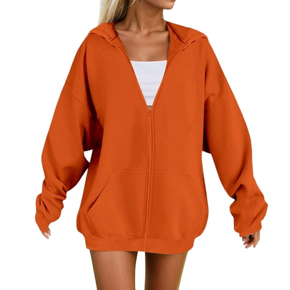 Hoodies for Women Solid Color Zip Up Hoodie Full Zip Oversize Hooded Sweatshirt Casual Loungewear Women's Sweaters Orange XXL