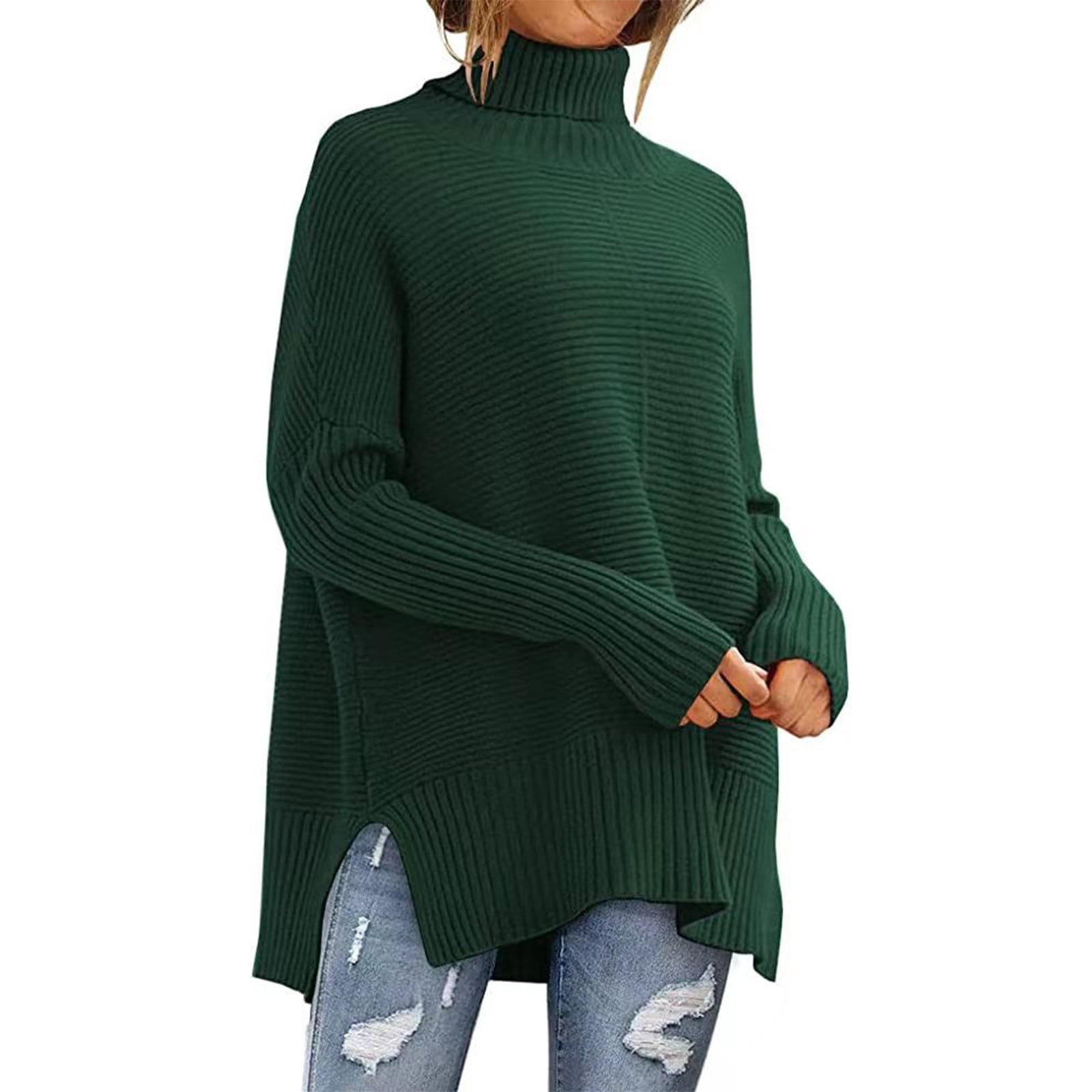Dagegui Women's Oversized Turtleneck Sweaters Fall Drop Shoulder Long Sleeve Ribbed Knit Tunic Pullover Tops Green,L