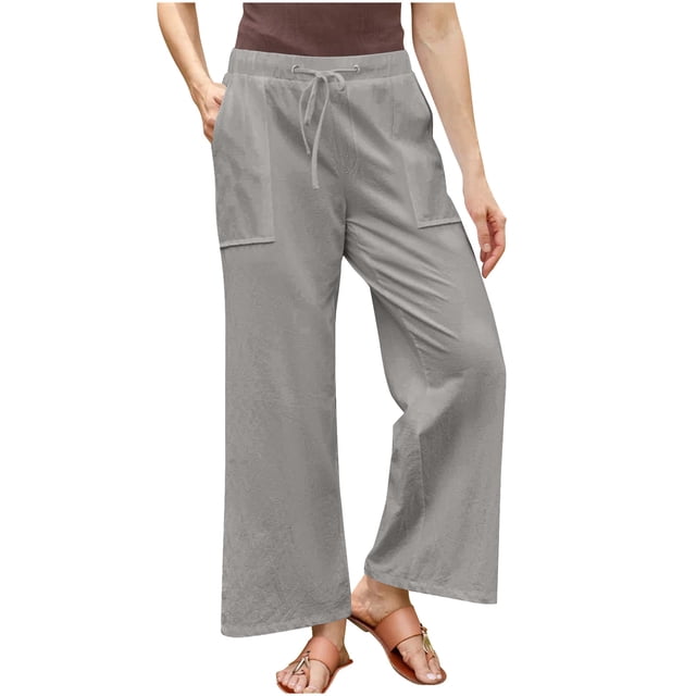 Timegard Pants for Women Plus Size Drawstring Waist Straight Leg Lightweight Casual Loose Trousers