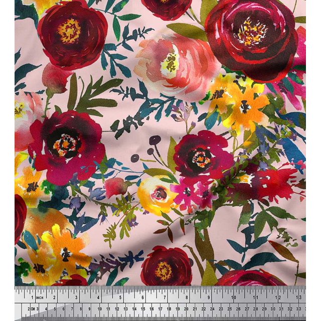 Soimoi Tissu Voile de Coton Rose Imprimé Feuilles & Fleurs Roses pour Couture BTY 56 Pouces de Large