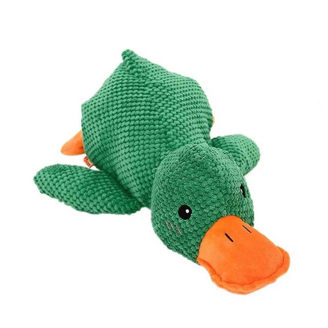 Jouet Interactif Caniche Compatible avec Chien avec Véritable Son de Caniche, Montré en Peluche Verte avec Bec et Pieds orange. le Jouet Est Conçu pour Mâcher, Tirer et Jouer Interactif, Émettant un Son de Caniche Réaliste à Chaque Morsure. Fabriqué à Partir de Matériaux Durables et Résistants à la Mastication, Il Mesure 45 x 38 x 10 cm et Pèse 210 g, Convient aux Chiens de Tailles et de Races Variées.