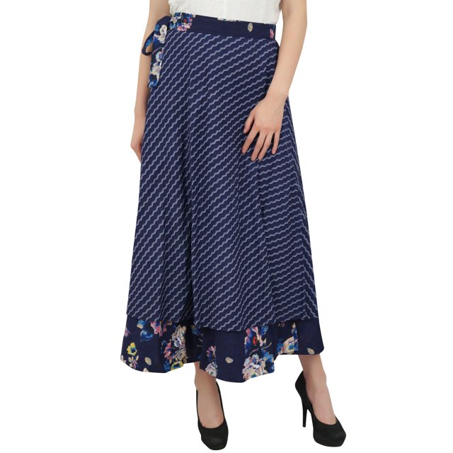 Phagun Robe Cache-Cœur Longue Réversible à Imprimé Floral Bleu Marine en Coton
