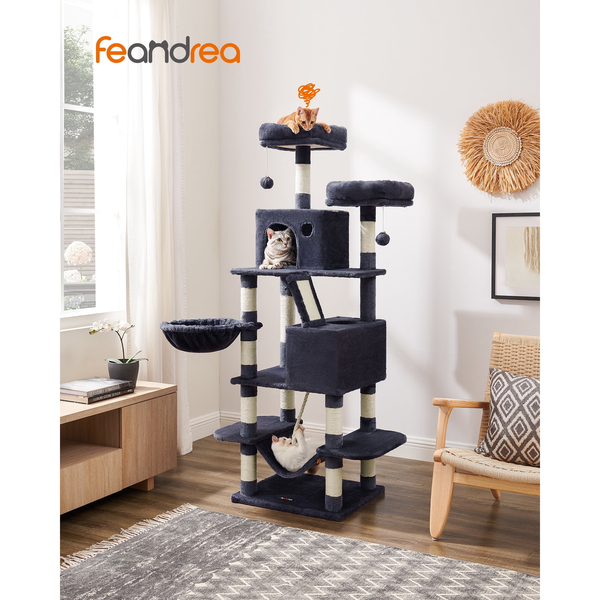 Feandrea Cat Tree, 66.1-Inch Large Cat Tower With 13 Scratching Posts, 2 Perches, 2 Caves, Basket, Hammock, Pompoms, Multi-Level Plush Cat Condo For I