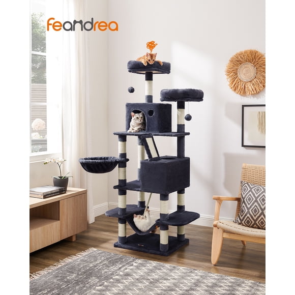 Feandrea Arbre à Chat, Grande Tour pour Chat de 66,1 Po avec 13 Poteaux à Griffer, 2 Perchoirs, 2 Niches, Panier, Hamac, Pompons, Condo pour Chat en Peluche à Plusieurs Niveaux pour Chats d'Intérieur, Gris Fumé