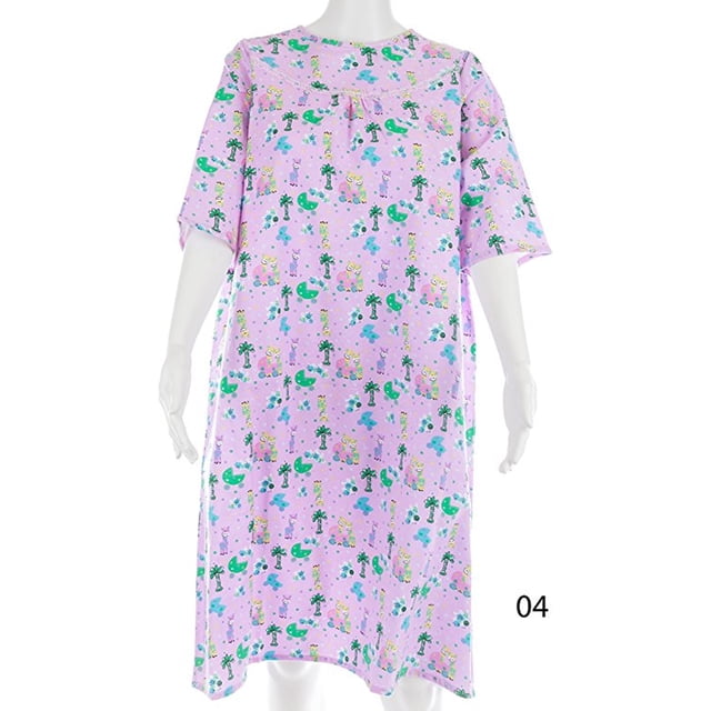 Women's Adaptive Flannel Backwrap Gown (Medium, Fun Prints with Lavender Background - 04)