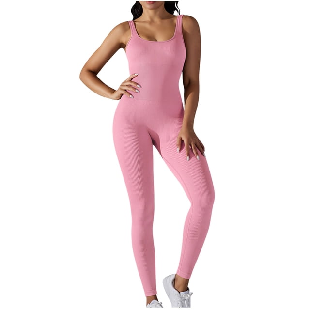 AherBiu Workout Bodysuits for Women Sleeveless Square Neck Ribbed Slim Yoga Jumpsuits Joggers Rompers