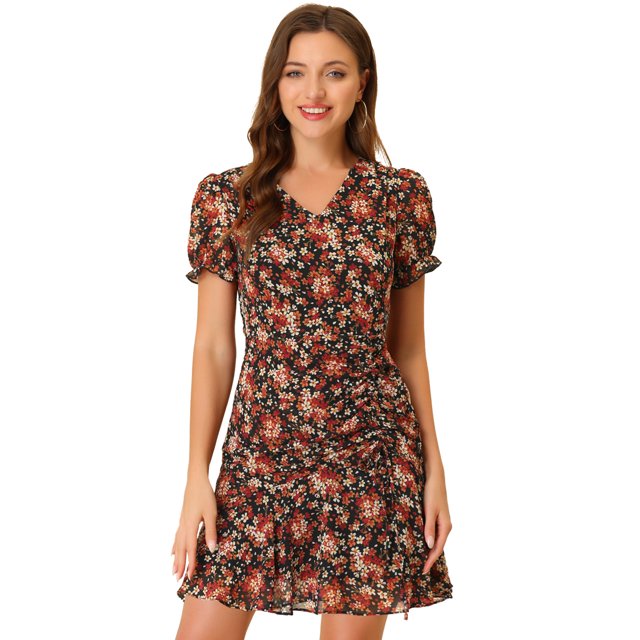 Unique Bargains Manches Bouffantes Florales Femmes V Cou Cordon Volant Froncé Robe Noire S