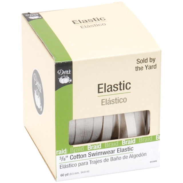 Dritz 3/8" Cotton Swimwear Elastic in natural color, packaged in a beige and green box with a clear window showing the cotton braided elastic inside, sold by the yard. This lightweight, narrow elastic is suitable for swimwear, waistbands, and leg bands, offering stretchability and resistance to chlorine and salt water.