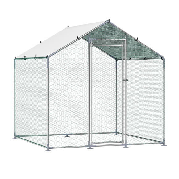 KFFKFF Metal Chicken Coop, 6.56x6.56x6.56ft Large Walk-in Chicken Runs with Cover, Spire Roof Hen House Enclosure with Security Lock, Outdoor Duck Rabbit Cage Poultry Pen