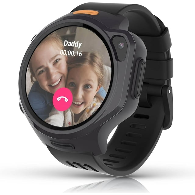 myFirst Fone R2 Mixed Berries Kids Smartwatch Phone with black silicone strap shown in a front-facing close-up view displaying a video call on its round touchscreen, featuring a built-in camera, side buttons, GPS tracking, SOS emergency button, and eSIM support for children ages 5-12 in USA and Canada.