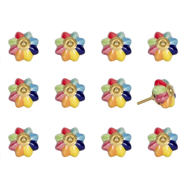 KNOB-IT vintage handpainted ceramic knobs 12-pack shown in a grid with one knob angled to display side profile, each flower-shaped knob features six multicolored petals in red, green, blue, yellow, orange, and pink with a brass decorative center and bolt, suitable for cabinets and drawers, bolt can be trimmed to size.