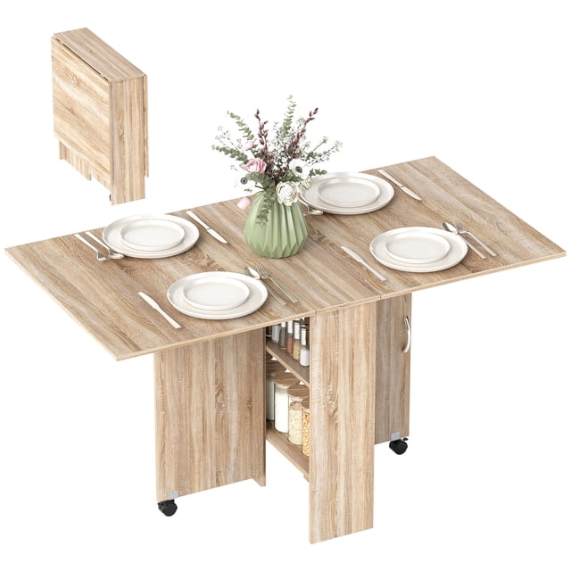 HOMCOM Folding Dining Table, Drop Leaf Table with 2-tier Shelves