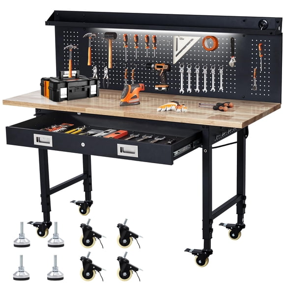 Workbench - 60x22 Inch Adjustable Workbench with Drawer & Pegboard, Heavy Duty Tool Storage Workstation with Power Outlet and Lockable Wheels, for Workshop Home Use - 2000LBS Capacity