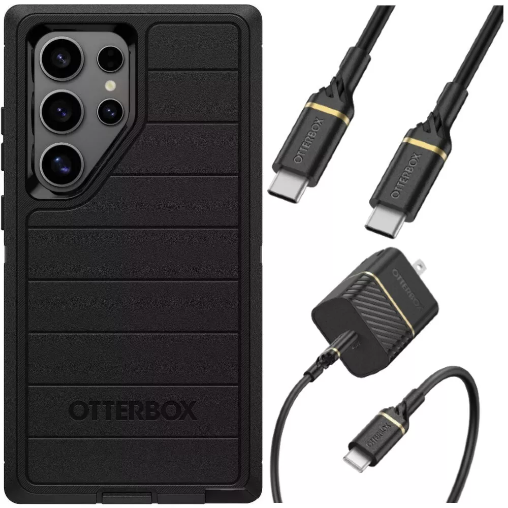OtterBox Samsung Galaxy S24 Ultra (Seulement) - Étui Defender Series Pro - Noir - Étui Seulement - Sans Écran - Robuste et Durable - avec Protection de Port - Trousse de Recharge Murale USB-C vers USB-C, 20 W.