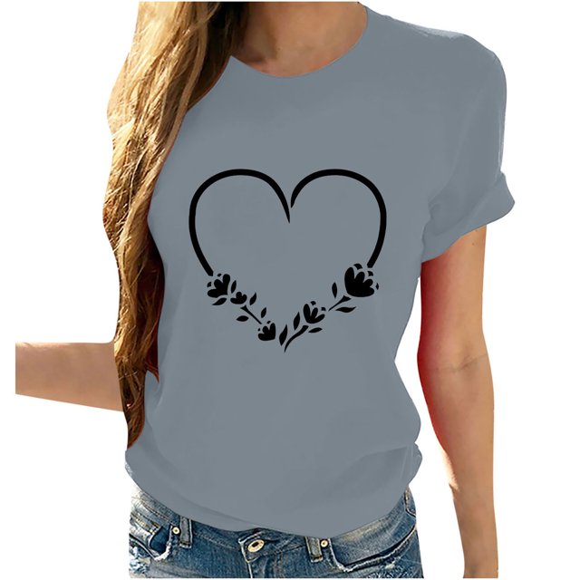 Dealovy T-Shirts de la Saint-Valentin pour Femmes Col Rond Été Hauts Unis Décontractés Manches Longues T-Shirts Graphiques Cœur