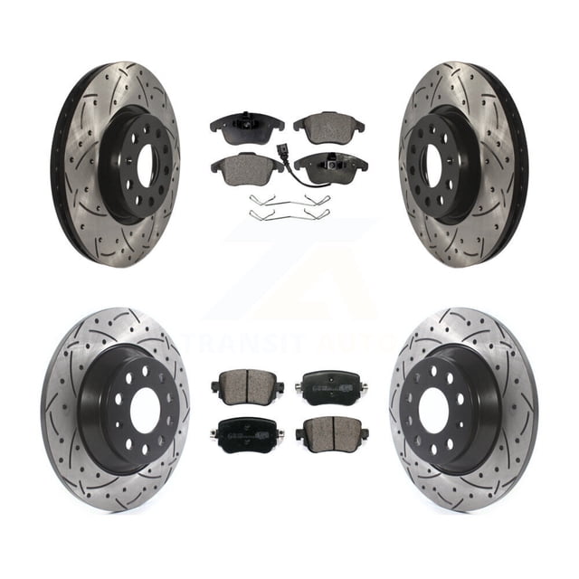 Transit Auto Front Rear Coated Drilled Slotted Disc Brake Rotors and Ceramic Pads Kit for Car 2016-2018 Audi Q3 Quattro KDT-100592
