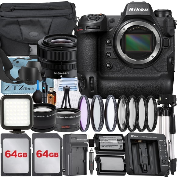 Nikon Z9 Mirrorless Camera with NIKKOR Z 24-50mm Lens + 2 Pack 64GB Memory Card + Case + LED Flash + Tripod + ZeeTech Accessory Bundle