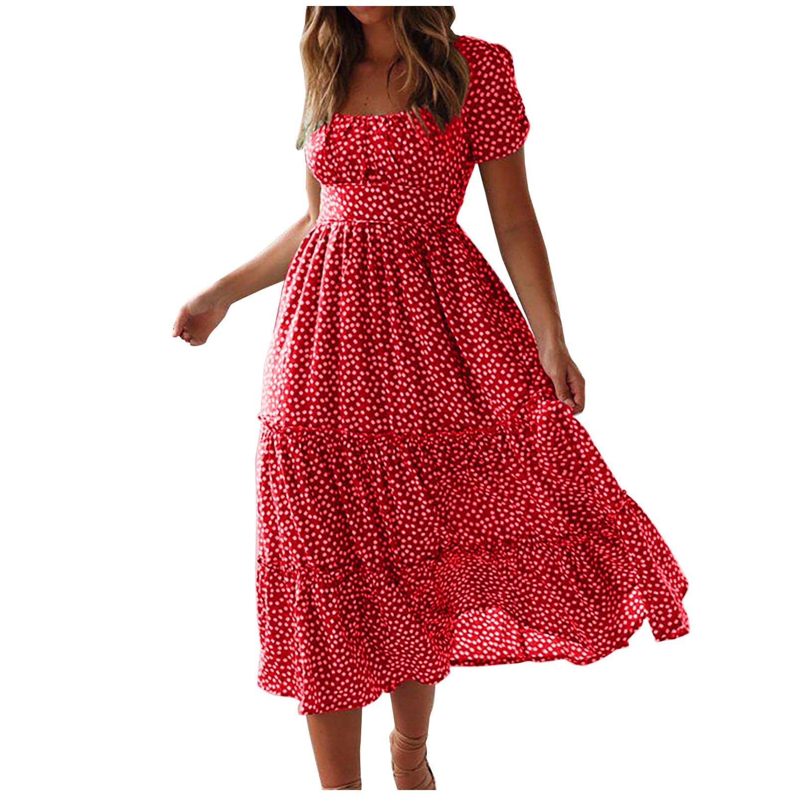 RKSTN Robes pour Femmes 2023 Robe d'Été Courte à Fleurs Col Carré Manches Courtes à Volants Superposés Boho Évasée Robes