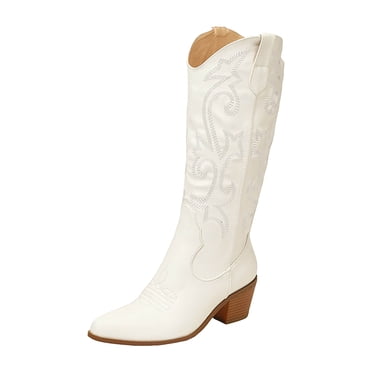 Bottes Cowboy Hauteur Genou Femmes Larges Mi-Mollet en Cuir Bout Pointu Western Cowgirl à Enfiler Bottes d'Équitation Chevalier