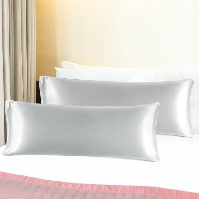 PiccoCasa Satin Body Pillowcases 2 Pcs Soft with Zipper Closure Silver Grey 20"x48"