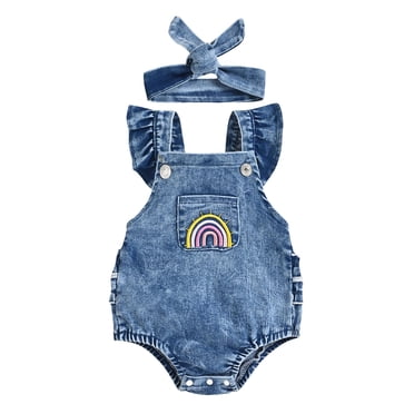 XZNGL Infant Girls Sleeveless Jumpsuit Denim Rainbow Print Romper Headband 2pcs Set