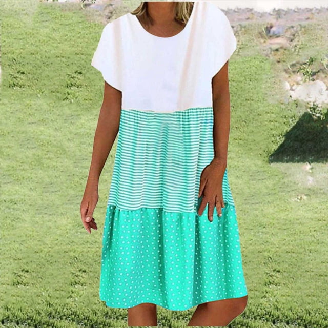 Fatuov Robe Midi Plissée pour Femme Grande Taille d'Été à Blocs de Couleur, Robe Chemise Bohème pour les Vacances, Manches Courtes, Col Rond, Fluide, Évasée, Robe de Plage, Tailles 3TG, Vert