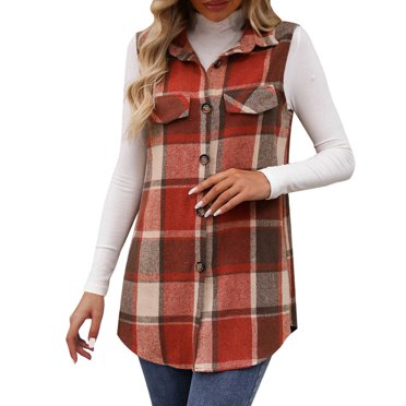 Huaizzzy Femmes Automne à Carreaux Léger Long Mode Décontracté Élégant Veste avec Poches Femmes Veste en Jean Olive Gilet d'Hiver Femmes Vestes Mode pour Femmes Décontracté Gilets pour Femmes Légers Femmes Travail