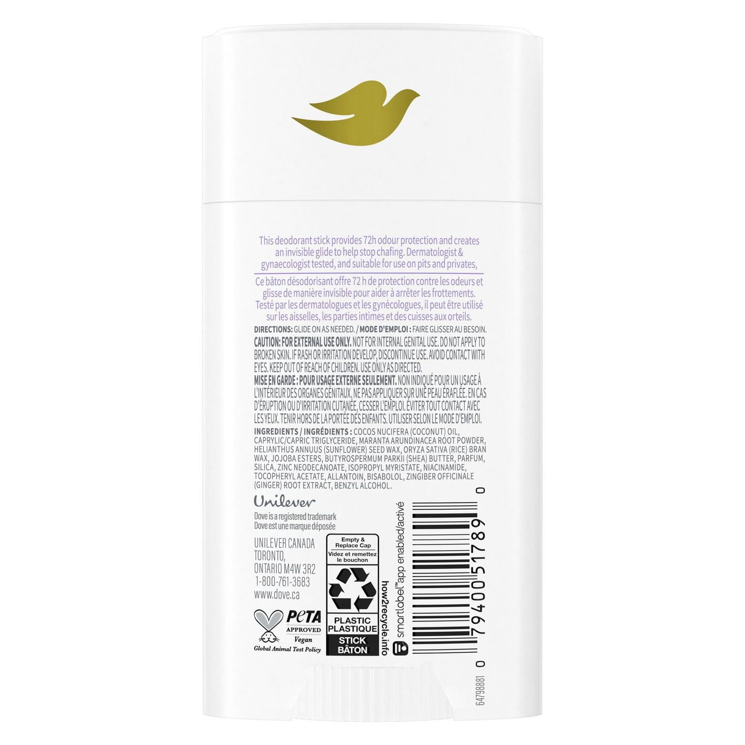 Déodorant corporel sans aluminium Bâton Anti-Friction, Dove parfum noix de coco et vanille, 72 heures de protection anti-odeurs
