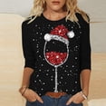 thumbnail image 2 of Hauts pour Femmes Noël Verre de Vin Rouge Imprimé Col Rond Manches Trois Quarts T-Shirts Surdimensionnés pour Femmes Noir m, 2 of 4