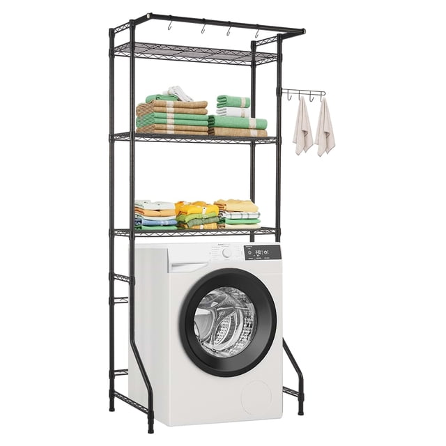 VEVOR Étagère de Rangement au-Dessus de la Laveuse et de la Sécheuse, Rangée Simple à 3 Niveaux, Noire, avec Trois Tablettes Métalliques Ajustables, une Tringle et des Crochets. l'Étagère Est Montrée Placée au-Dessus d'Une machine à Laver à Chargement Frontal, avec des Serviettes et des Vêtements Pliés Bien Disposés sur les Tablettes. Fabriquée en Acier au Carbone durable, Elle Supporte jusqu'à 165,35 Lb et Comprend un Dispositif Anti-Basculement pour la Stabilité. Idéale pour Organiser les Buanderies Ou les Petits Espaces.