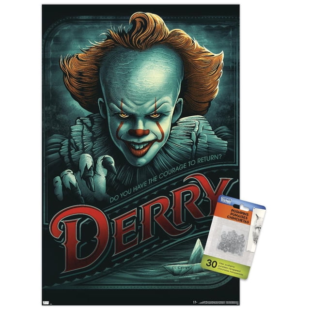 IT - Pennywise Derry Affiche Murale, 14,725 Pouces x 22,375 Pouces Encadrée, Représentant une Vue avant Stylisée de Pennywise le clown aux Cheveux orange Vif et à un Col à Volants. l'Arrière-plan Bleu Sarcelle Foncé Présente un Texte « Derry » Rouge Audacieux et un Bateau en Papier Flottant sur l'Eau en Dessous, avec la phrase « Avez-Vous le courage de Revenir? » au-Dessus. l'Affiche Encadrée à Fini Satiné Comprend