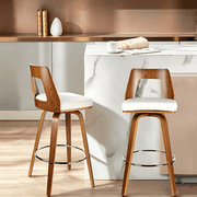 28.5" Retro Bar Stools Set of 2, Wood Swivel Counter Height Barstools with Mid-Backrest and PU Padded Seat, Dining Kitchen Island Stools Bar Chairs