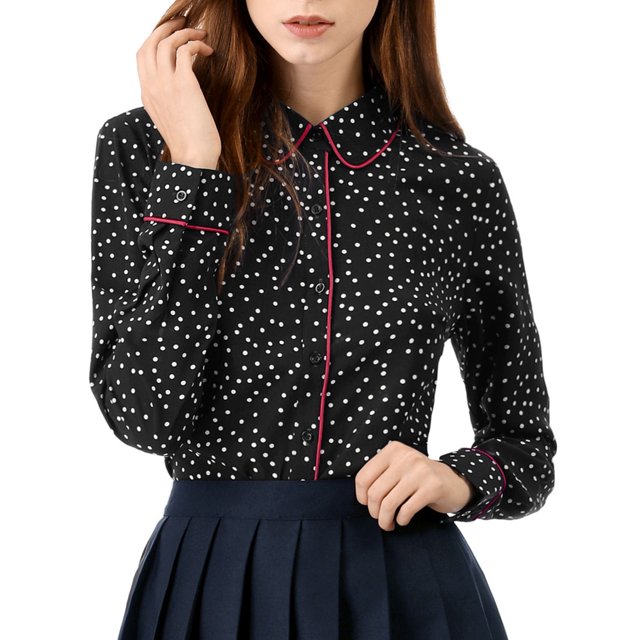 Unique Bargains Chemise à Manches Longues Imprimée pour Femmes avec Passepoil et Boutons