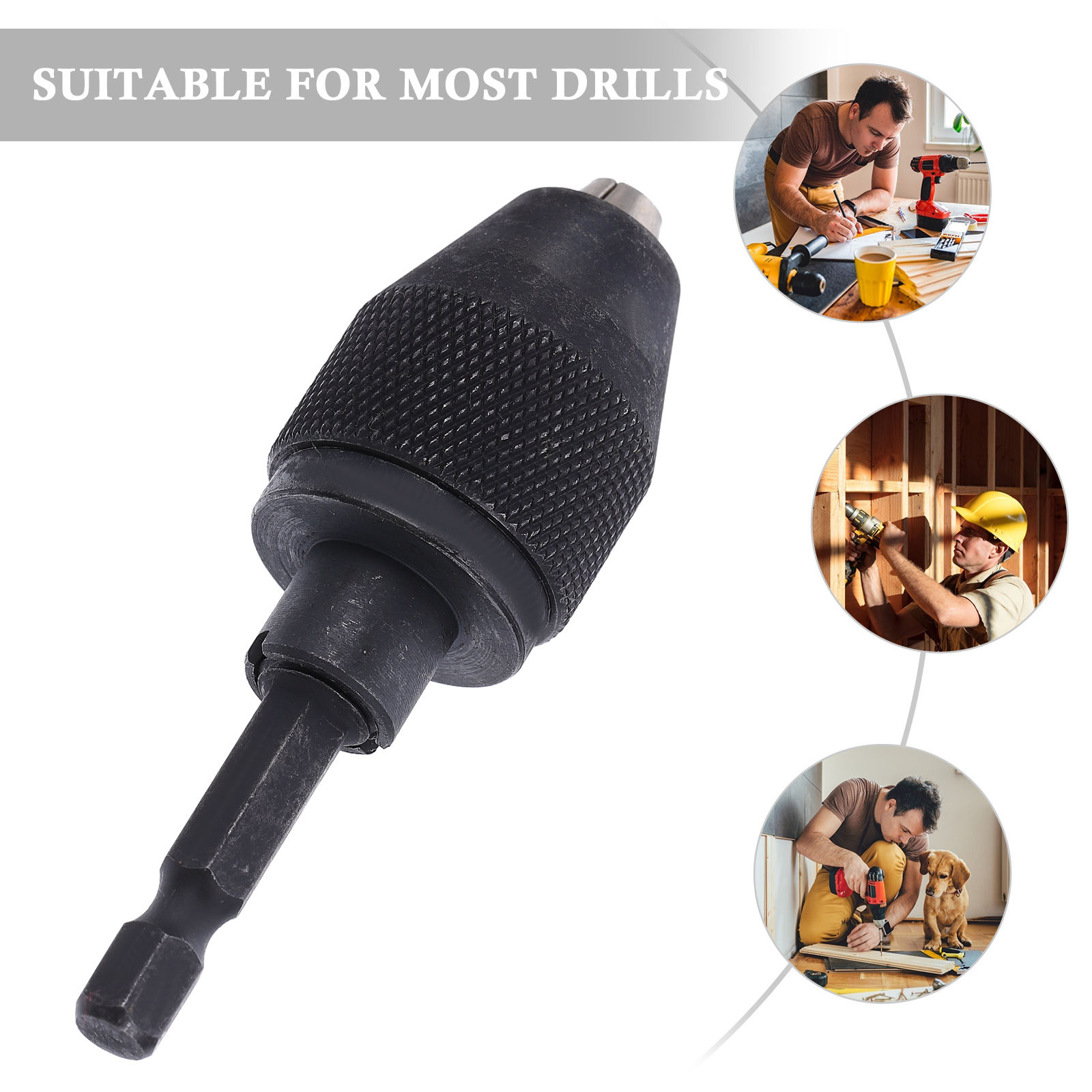 OULII 1Pc Round Handle Keyless Drill Chuck Black Metal for Cordless Screwdriver to Drill Conversion