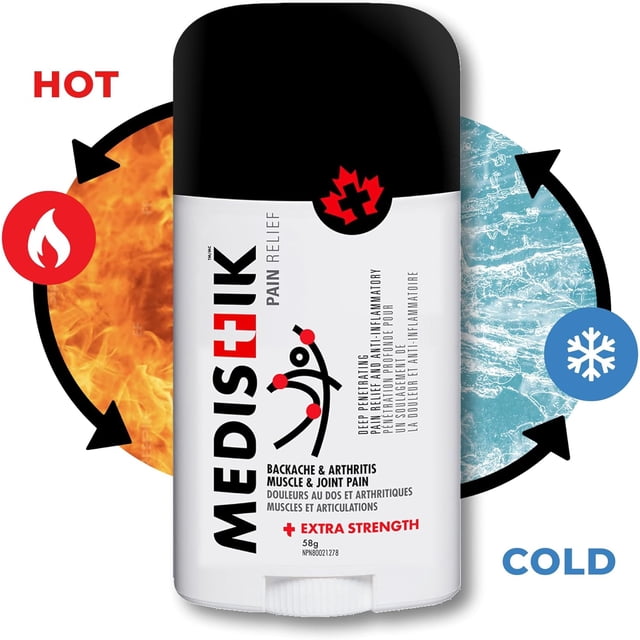 MEDISTIK Dual Pain Relieving Stick 58g, a topical analgesic designed for rapid relief of muscle and joint pain. The product features a retractable stick applicator with a dual-action formula that provides both warming and cooling effects. Contains 30% Methyl Salicylate and 15% Menthol for effective pain management. The packaging highlights its extra strength and suitability for backache, arthritis, and sports-related strains. The background includes fire and ice graphics, symbolizing the hot and cold action.