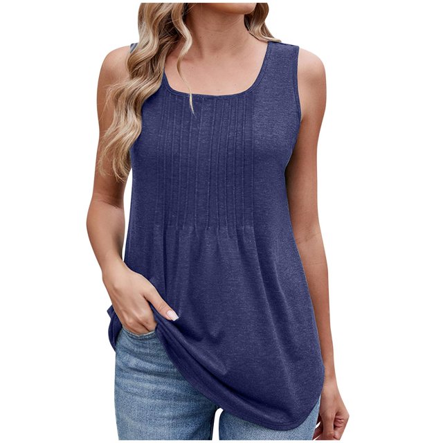 hotojiny Hauts Grande Taille pour Femmes 2025 Débardeur Fluide à Plis devant Chemise Tendance Col Rond Chic Décontracté Blouse Unie