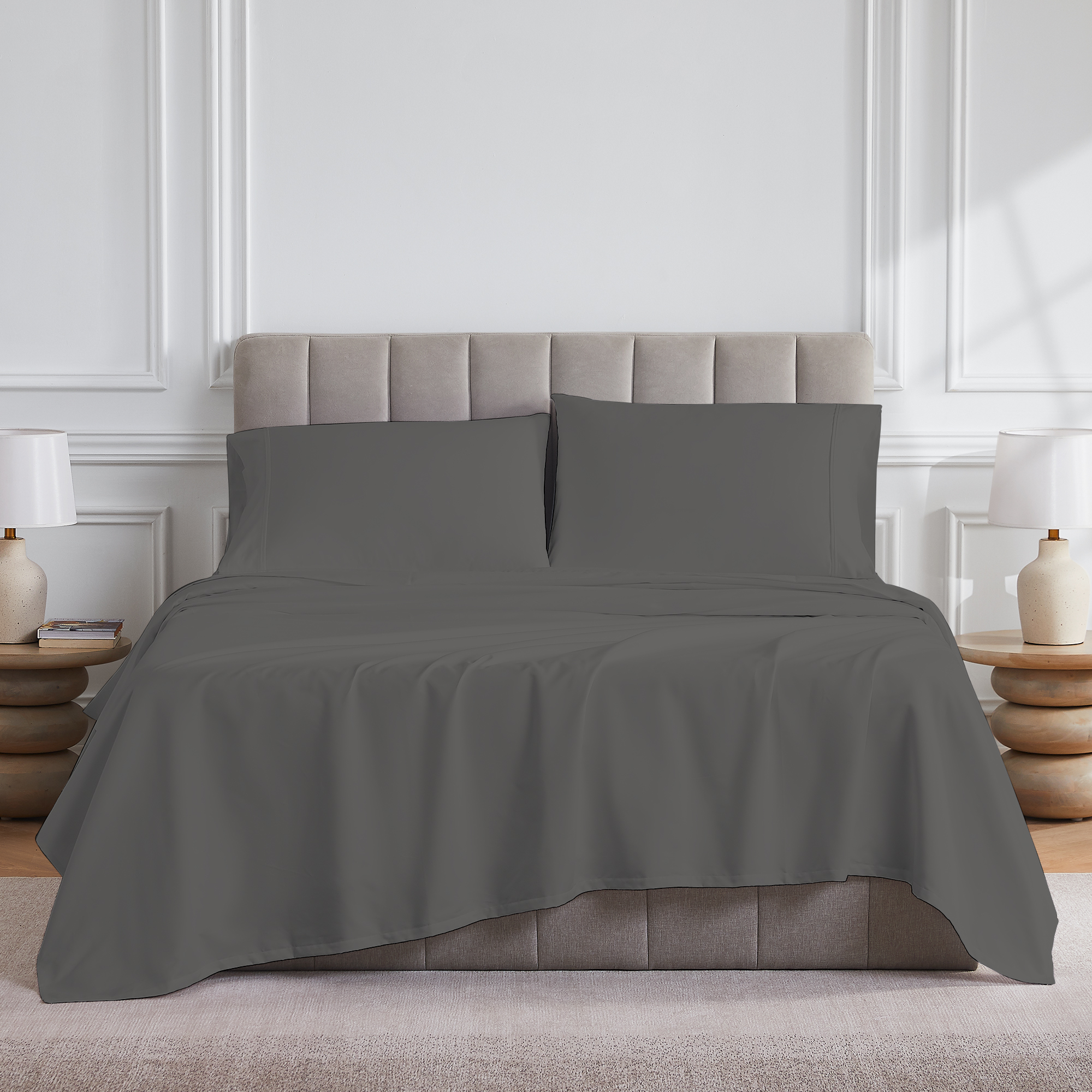 Purity Home Ensemble de Draps 100 % Coton, 400 Fils au Pouce Carré, Vert Satiné Résistant aux Plis, 4 Pcs, Gris Charbon Complet