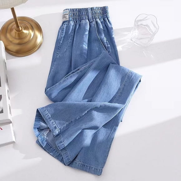 Women's casual pants, Tencel jeans, women's thin design, high waist, hanging feeling, casual spring and autumn ice silk wide leg pants, personality