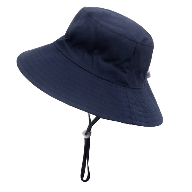 Toddler Baby Summer Sun Protection Fashion Solid Color Sun-Hat Cute Sunscreen Hat Cap in a navy blue color. Made from lightweight, breathable cotton twill fabric, this hat features a wide brim for sun protection and an adjustable strap for a secure fit. Suitable for children aged 0 months to 6 years, with sizes XS, S, and M available. The hat is foldable for easy storage and versatile for outdoor activities like picnics, travel, and beach outings.