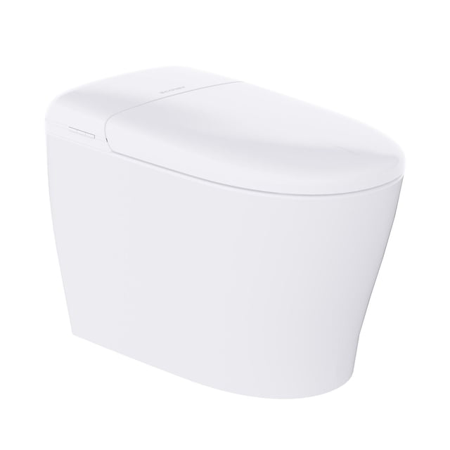 Ecoway Deluxe 1 Pce 1,28 GPF Bidet Intelligent Sans Réservoir Allongé Standard à Rinçage Simple en Blanc, Montré en Vue avant 3/4 avec un design Allongé Lisse, Couvercle Intégré et Boutons de Commande Latéraux, avec Rinçage Automatique, Siège Chauffant, Bidet et Sécheur d'Air Chaud pour la Rénovation de Salle de Bain.