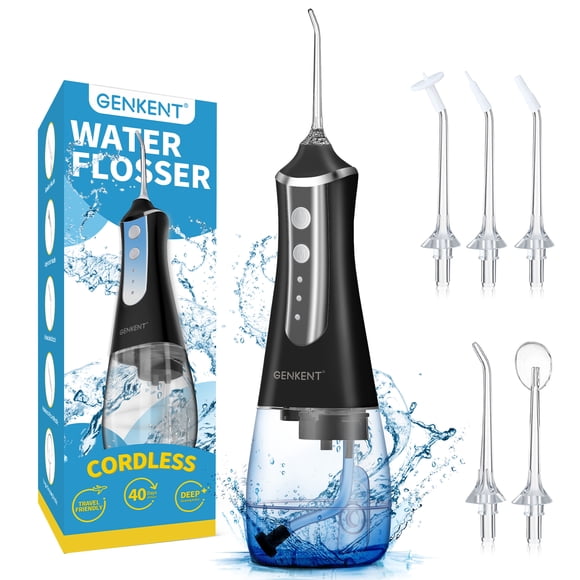 GENKENT Hydropulseur pour Dents, Hydropulseur Dentaire Sans Fil 3 Modes 5 Embouts Rechargeable, Noir